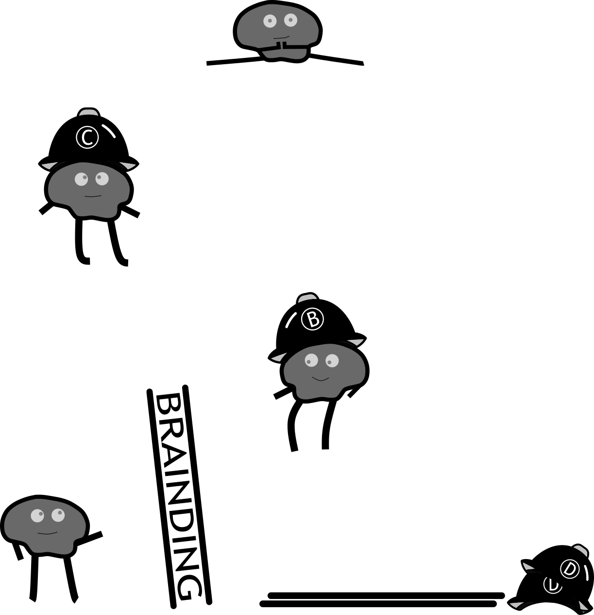 People sitting on steel beams which form a hashtag. They do different stuff and different Helmets with the letters C,B and D.